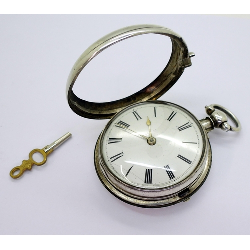 875 - A silver pair cased pocket watch, hallmarked London 1845, match to both cases, with a diamond capped... 