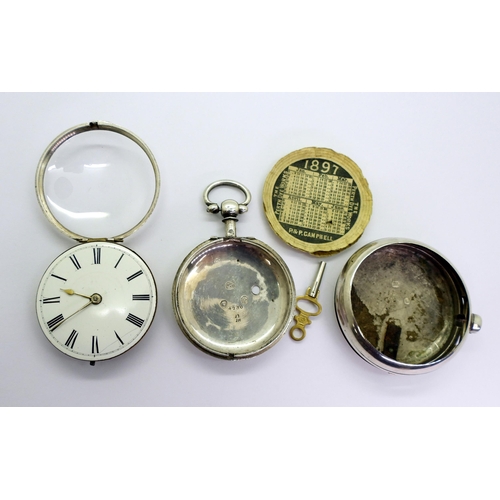 875 - A silver pair cased pocket watch, hallmarked London 1845, match to both cases, with a diamond capped... 