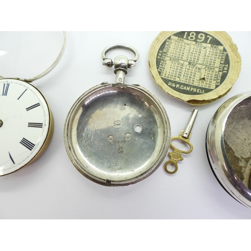 875 - A silver pair cased pocket watch, hallmarked London 1845, match to both cases, with a diamond capped... 