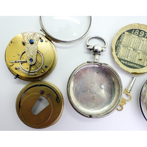 875 - A silver pair cased pocket watch, hallmarked London 1845, match to both cases, with a diamond capped... 