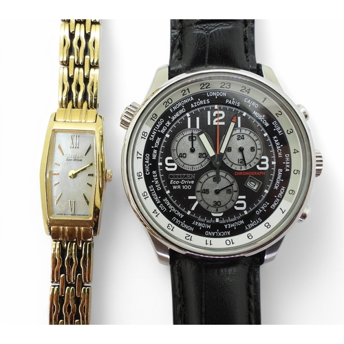 889 - A gents Citizen Eco Drive WR100, together with a gold plated ladies Citizen Eco Drive with a mother ... 