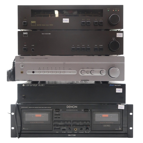 378 - A collection of HIFI equipment to include an NAD 3120 stereo amplifier, an NAD Stereo Tuner 4020A, a... 