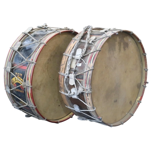 381 - Two large painted bass drums, one Peter Henderson Ltd, marked 'the Boys Brigade', '75th Glasgow Comp... 