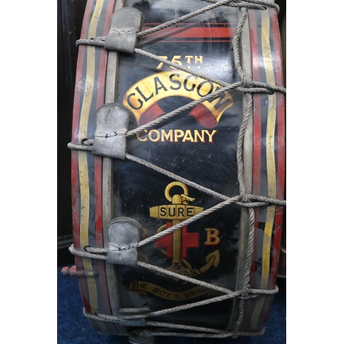 381 - Two large painted bass drums, one Peter Henderson Ltd, marked 'the Boys Brigade', '75th Glasgow Comp... 