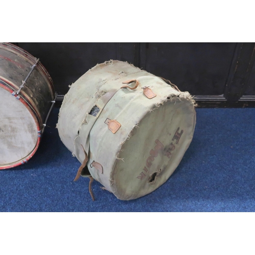 381A - Two painted bass drums, in association with the 93rd Glasgow Company Boys Brigade, with ghost of the... 