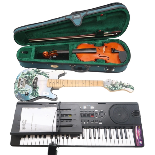 383 - A RockJam Multi Function Keyboard, with guide, a Stentor 4/4 violin with bow and fitted case, and a ... 