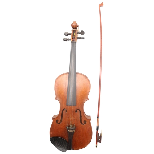 388 - An Unnamed One-Piece Back Violin c. 37cm with a bow and fitted case