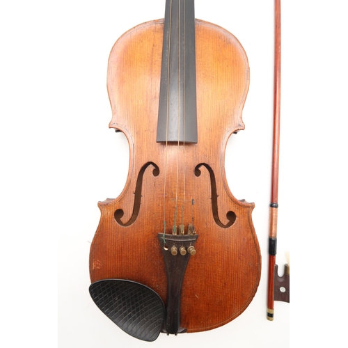 388 - An Unnamed One-Piece Back Violin c. 37cm with a bow and fitted case