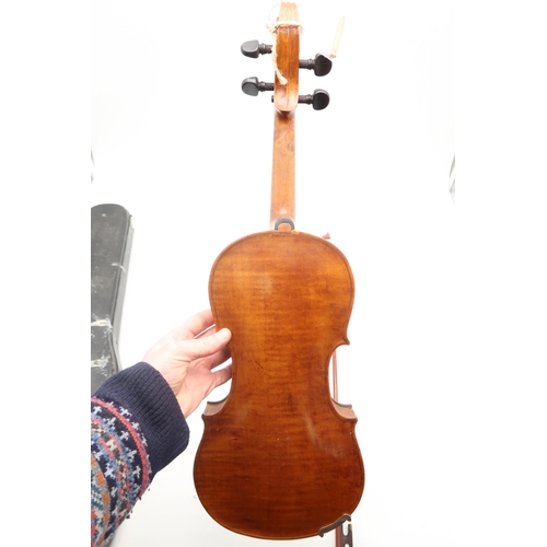 388 - An Unnamed One-Piece Back Violin c. 37cm with a bow and fitted case