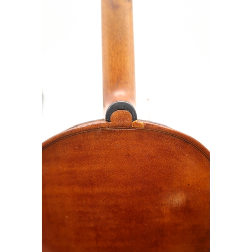 388 - An Unnamed One-Piece Back Violin c. 37cm with a bow and fitted case