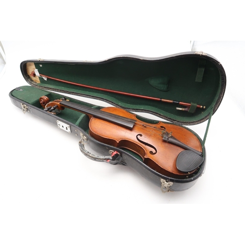 388 - An Unnamed One-Piece Back Violin c. 37cm with a bow and fitted case