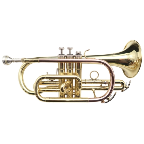 392 - An Elkhart by Vincent Bach International brass cornet, AD 20508082, in fitted carrying case.