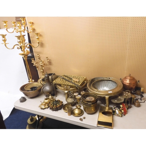 102 - A large mix lot of brass and other metal wares to include contemporary brass candle torchiere, brass... 