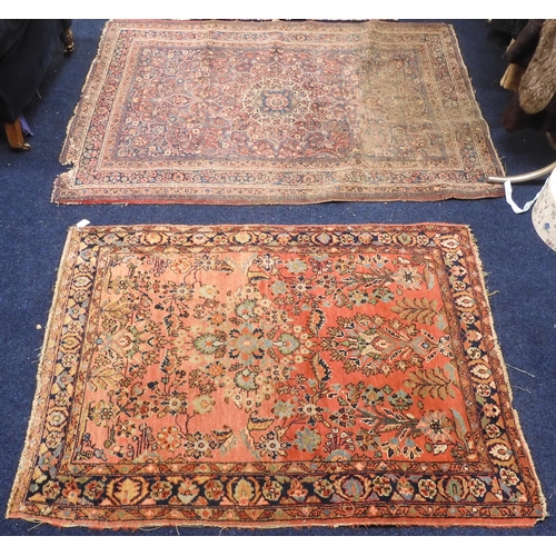 105 - A lot comprising a multicoloured ground Tabriz rug with sun burst central medallion and dark blue sp... 