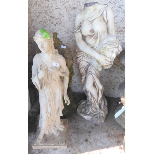 118 - A lot comprising a resin garden statue depicting a decapitated female holding her own head, 102cm hi... 