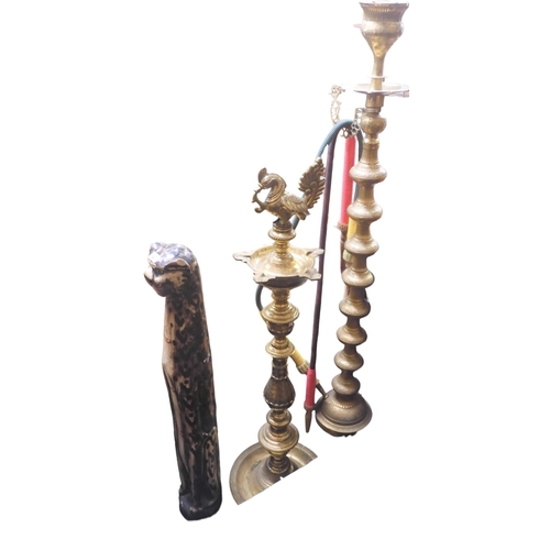 22 - A lot comprising a brass freestanding hookah pipe, 148cm high, a brass freestanding ashtray, 117cm h... 