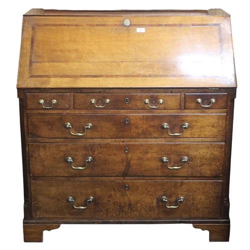 24 - A 19th century ash writing bureau with fitted fall front writing compartment over three shallow draw... 