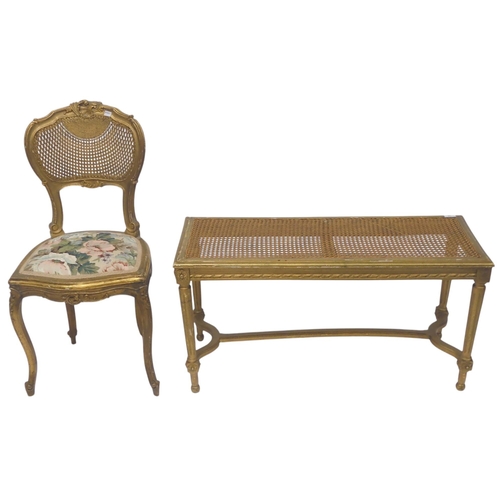 31 - A lot including a 19th century gilt wood framed bergere duet stool on reeded supports joined by stre... 