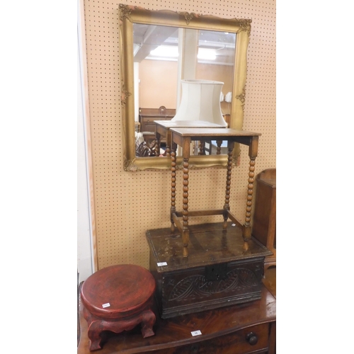 57 -  A mixed lot to include a 17th/18th century oak bible box, gilt framed wall mirror, bobbin supp... 