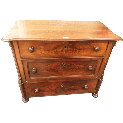 58 - A Victorian mahogany three drawer chest with serpentine top on bun feet, 79cm high x 93cm wide x 49c... 