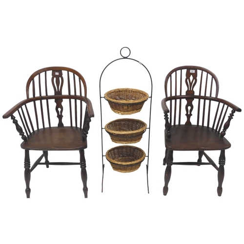 66 - A lot comprising a pair of late 19th/early 20th century elm and beech Windsor armchairs and a three ... 