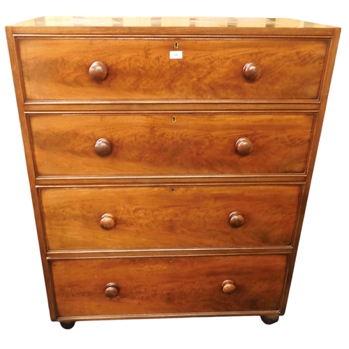 74 - A large Victorian mahogany four drawer chest on bun feet, 130cm high x 104cm wide x 50cm deep