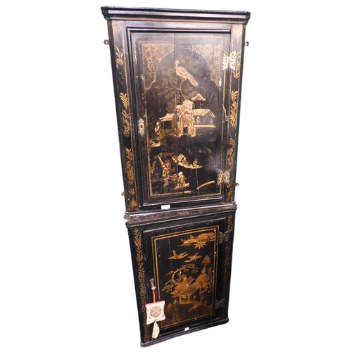 8 - A 19th century Chinese black lacquer and gilt painted corner cabinet with two cabinet doors, 165cm h... 