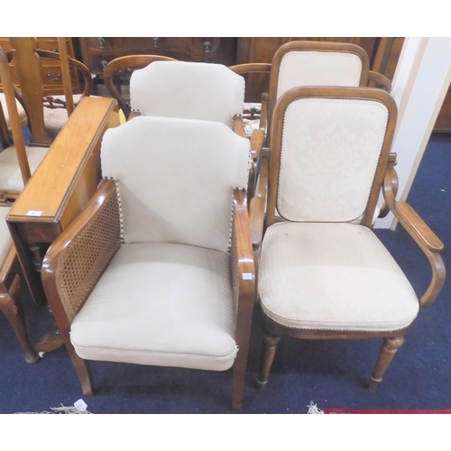 92 - A lot comprising a pair of white leather upholstered bergere armchairs, pair of beech framed cream d... 