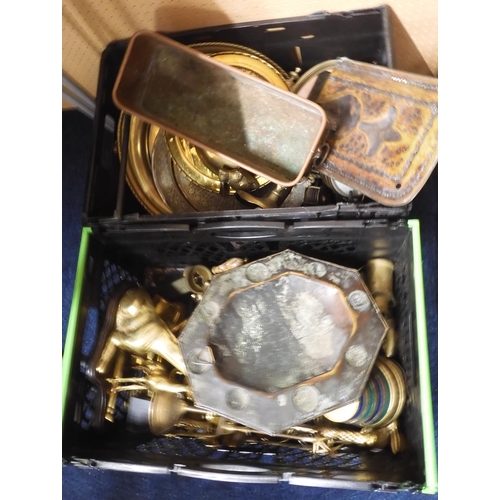 99 - A lot comprising two boxes of assorted brass and metal wares (2)