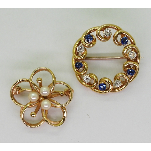 2722 - TWO BROOCHESa bright yellow metal knot shaped brooch, set with old cut diamonds with an estimated ap... 