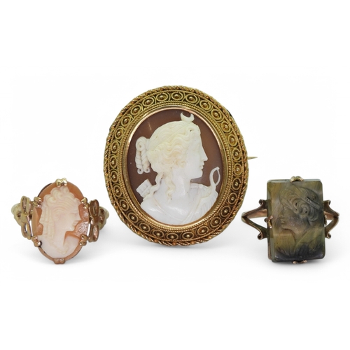 2742 - A COLLECTION OF CAMEOSa finely carved shell cameo of Artemis in a bright yellow metal brooch mount, ... 