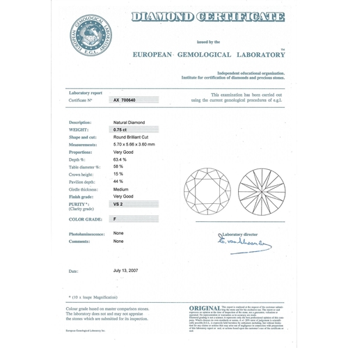 2752 - DIAMOND STUD EARRINGSthe two brilliant cut diamond of 0.75cts and 0.76cts are set in 18ct gold four ... 