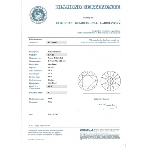 2752 - DIAMOND STUD EARRINGSthe two brilliant cut diamond of 0.75cts and 0.76cts are set in 18ct gold four ... 