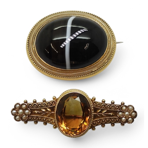 2757 - TWO VICTORIAN BROOCHESan 15ct etruscan revival brooch set with a substantial citrine and pearl flowe... 