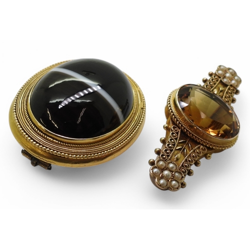 2757 - TWO VICTORIAN BROOCHESan 15ct etruscan revival brooch set with a substantial citrine and pearl flowe... 