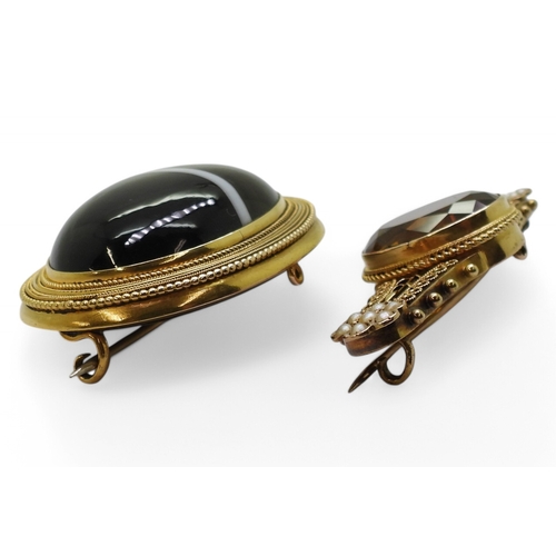 2757 - TWO VICTORIAN BROOCHESan 15ct etruscan revival brooch set with a substantial citrine and pearl flowe... 