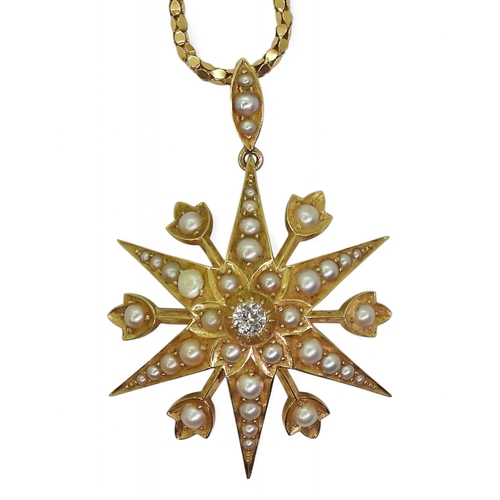 2758 - A VICTORIAN STAR PENDANT BROOCHset with a central diamond of estimated approx 0.15cts, and pearls, d... 