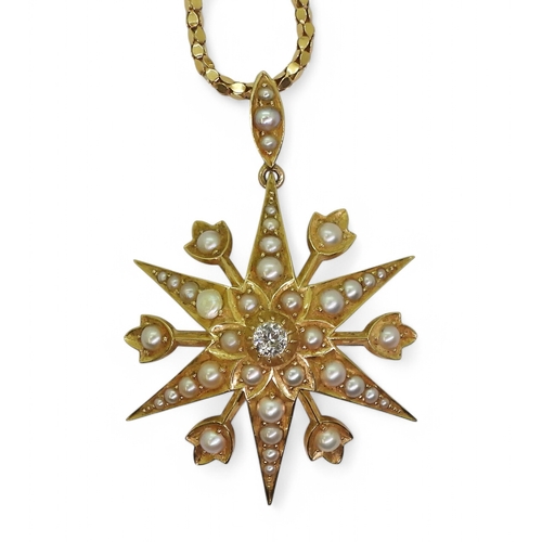 2758 - A VICTORIAN STAR PENDANT BROOCHset with a central diamond of estimated approx 0.15cts, and pearls, d... 