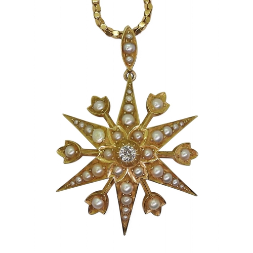 2758 - A VICTORIAN STAR PENDANT BROOCHset with a central diamond of estimated approx 0.15cts, and pearls, d... 