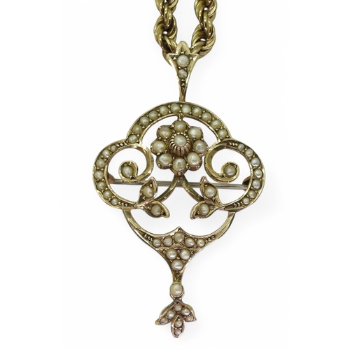 2764 - AN EDWARDIAN PENDANT BROOCHthe 9ct pendant set with pearls, stamped 9ct verso, length with bail 5cm,... 