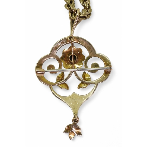 2764 - AN EDWARDIAN PENDANT BROOCHthe 9ct pendant set with pearls, stamped 9ct verso, length with bail 5cm,... 