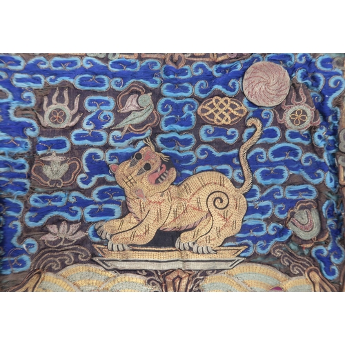 2270 - A CHINESE SILK AND METAL THREADS MILITARY RANK BADGEWoven with a tiger amongst precious, cloud scrol... 