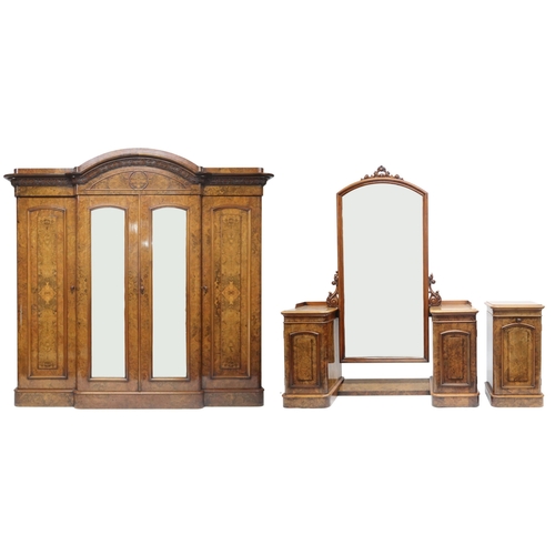 2015 - A VICTORIAN BURR WALNUT VENEERED THREE PIECE BEDROOM SUITEconsisting four door break front wardrobe ... 