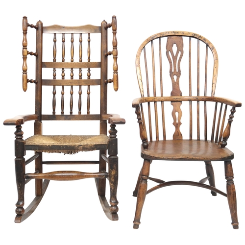 2017 - A 19TH CENTURY BEECH FRAMED LANCASHIRE ROCKING CHAIR AND A 19TH CENTURY ELM FRAMED WINDSOR ARMCHAIRL... 