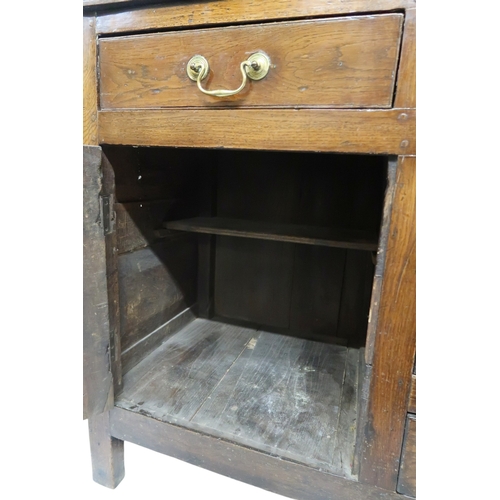 2022 - AN 18TH/19TH CENTURY OAK KITCHEN DRESSERplate rack with moulded cornice over three open shelves on b... 