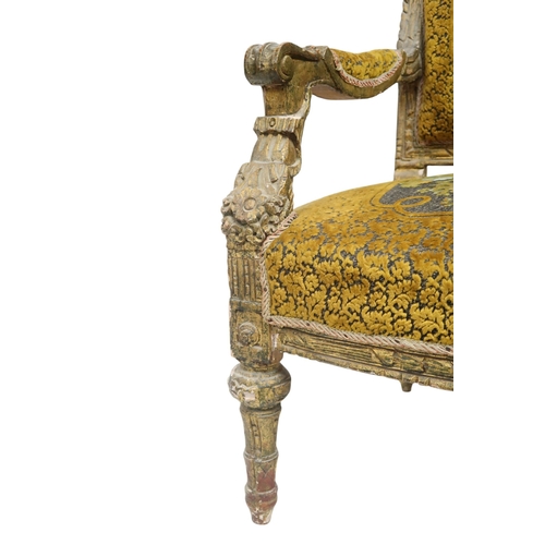 2030 - AN 18TH CENTURY LOUIS XVI GILTWOOD GESSO FRAMED SETTEEwith floral upholstered back and seat on six r... 