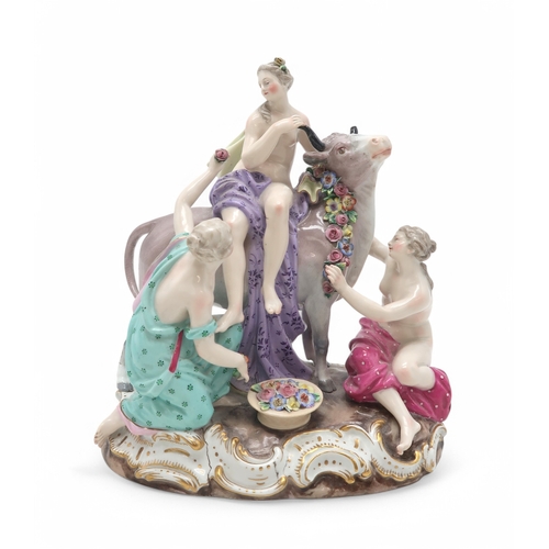 2163 - A LATE 19TH CENTURY MEISSEN PORCELAIN GROUP OF EUROPA AND THE BULLpainted in colours, incised 2697 a... 