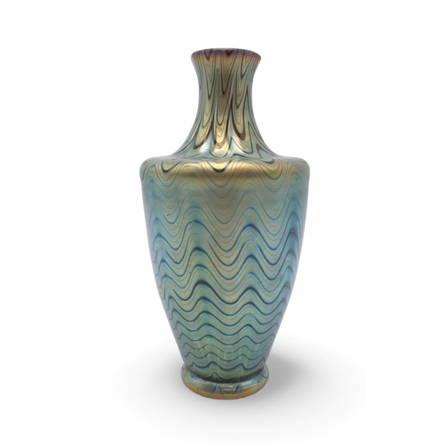 2180 - A LOETZ GLASS VASEof shouldered tapering form, with wavy iridescent blue and gold design, 20.5cm hig... 