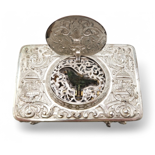 2366 - AN EARLY 20TH CENTURY GERMAN SILVER SINGING BIRD BOXprobably by Karl Griesbaum, crescent and halberd... 