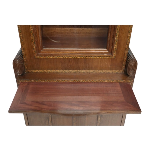 2043 - A PAIR OF EARLY 20TH CENTURY ART MAHOGANY AND FRUITWOOD INLAID DISPLAY CABINETSwith stepped tops ove... 